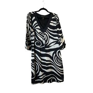 INC Int’l Concepts fully lined 100% silk black & ivory 70s mod print dress